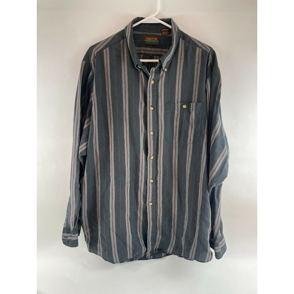 Oakton Shirt Men's Size 2XL Tall Gray Red Blue White Striped Button Down Vintage